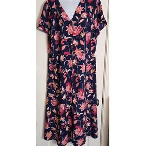 Loft 16 Navy Pink Floral Dress Size V Neck Full Button Cottagecore Fairy Boho